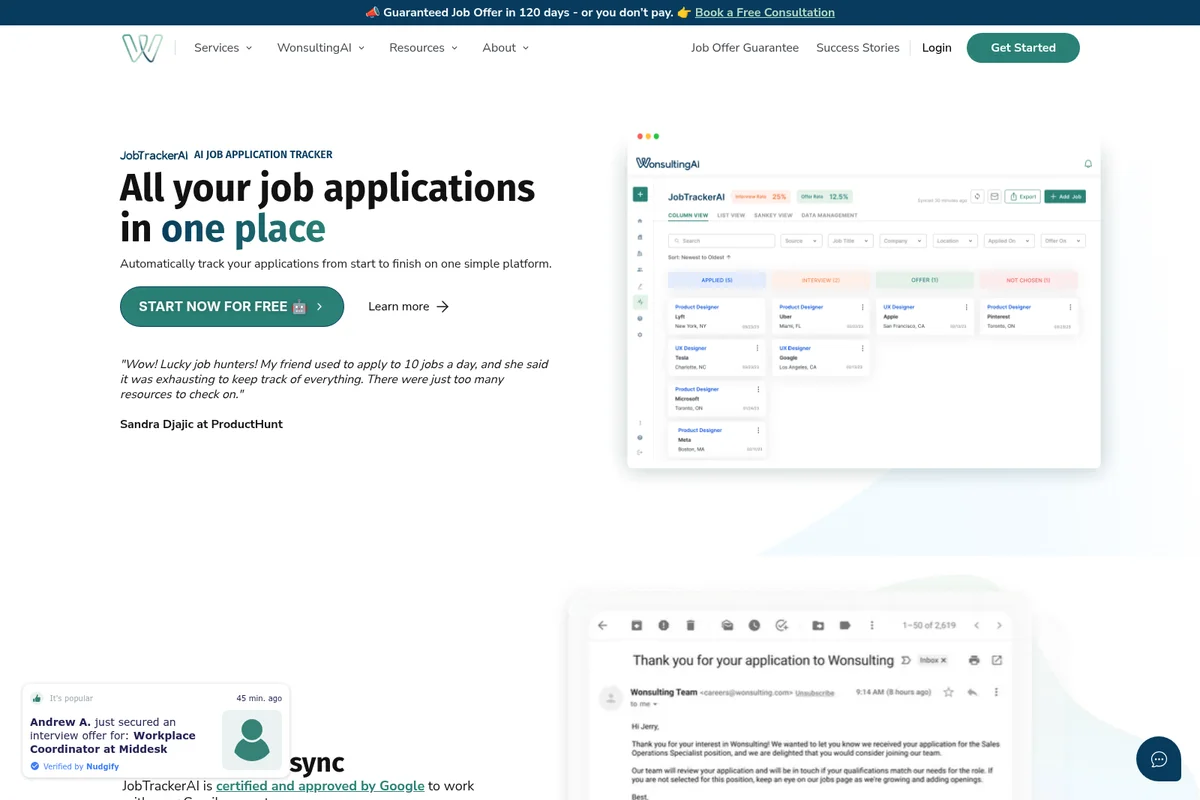 WonsultingAI homepage showing the JobTrackerAI application tracker with a clean, modern dashboard layout, featuring job statuses like Applied, Interview, and Offer.