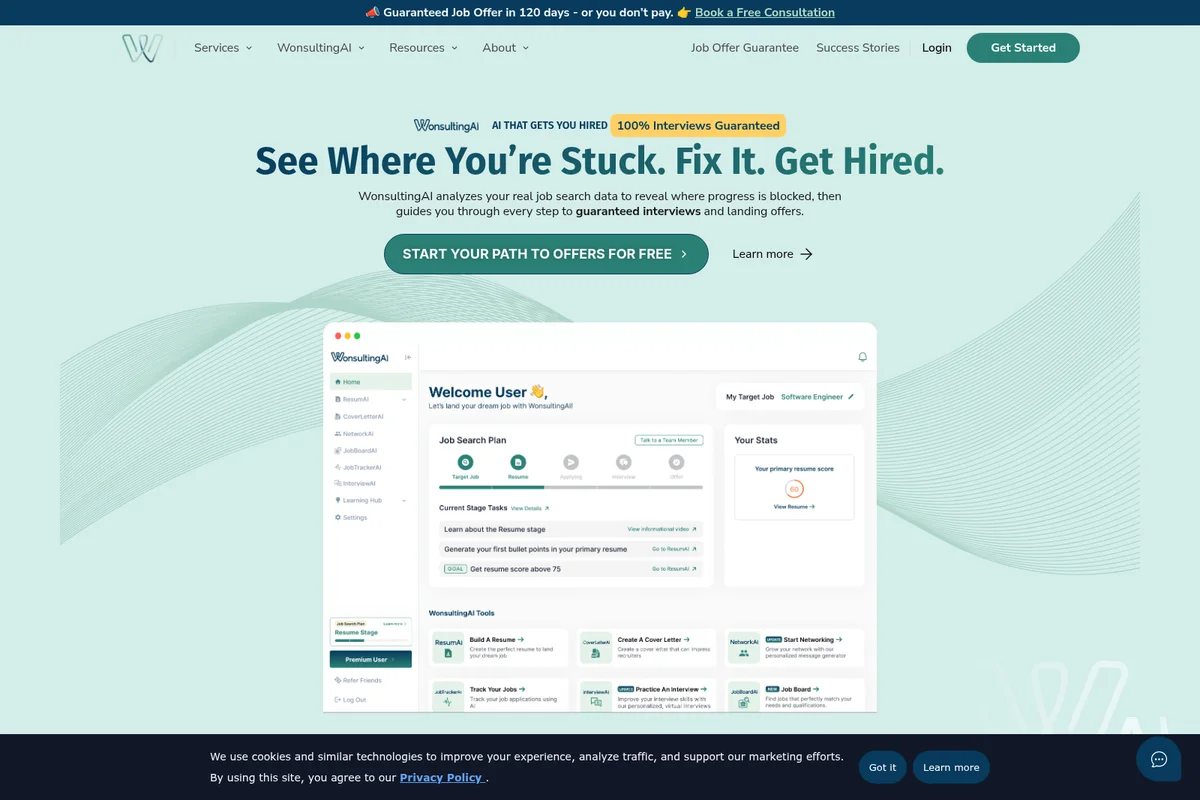 WonsultingAI homepage showcasing the AI-powered job search dashboard with progress tracking and dedicated career tools.