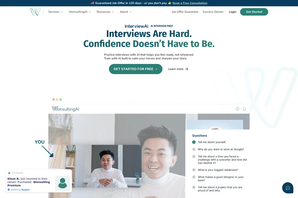 WonsultingAI AI Interview Prep showing a user practicing an interview with an AI interviewer and a list of potential questions in a clean, professional interface.