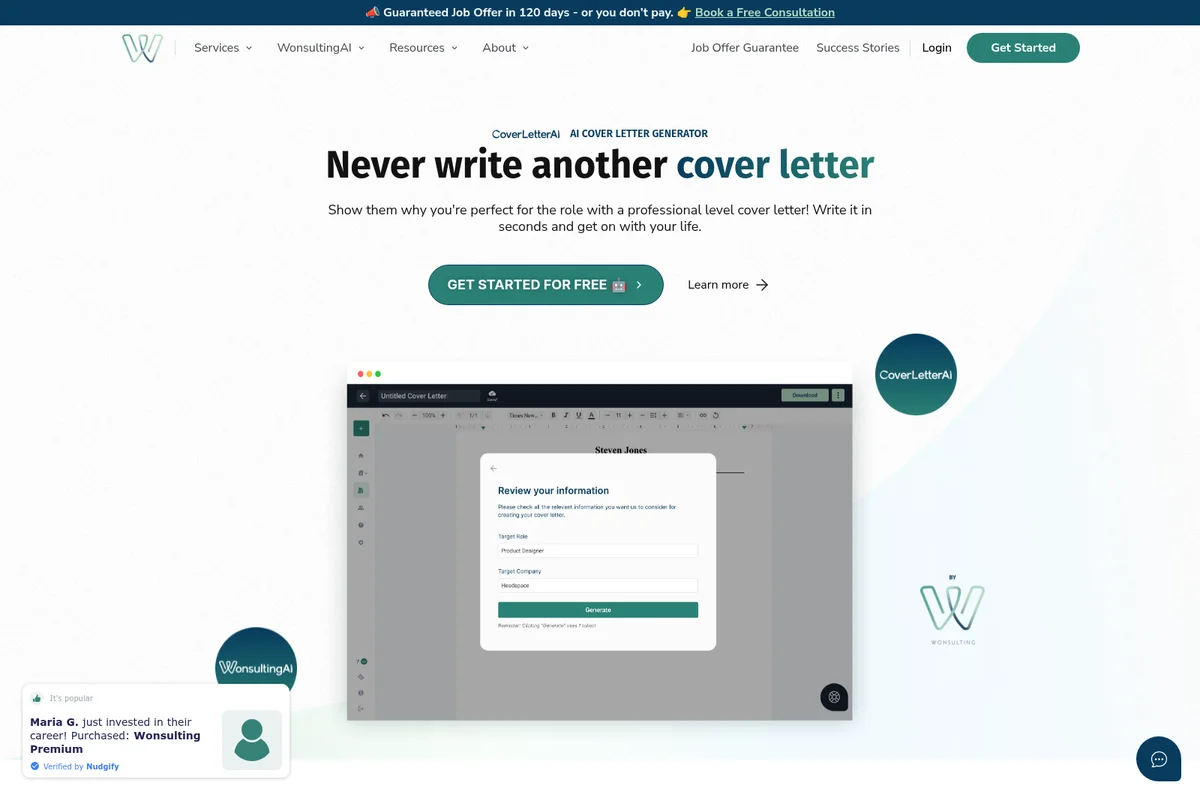 WonsultingAI CoverLetterAI UI showing cover letter generation, with input fields for target role and company, in a clean modern design.