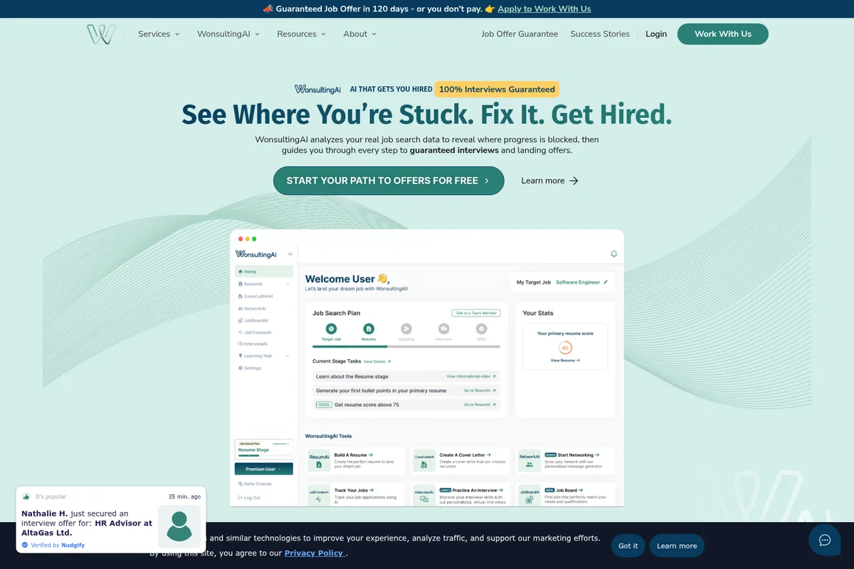 WonsultingAI workspace UI displaying a job search dashboard with career planning tools and stats.