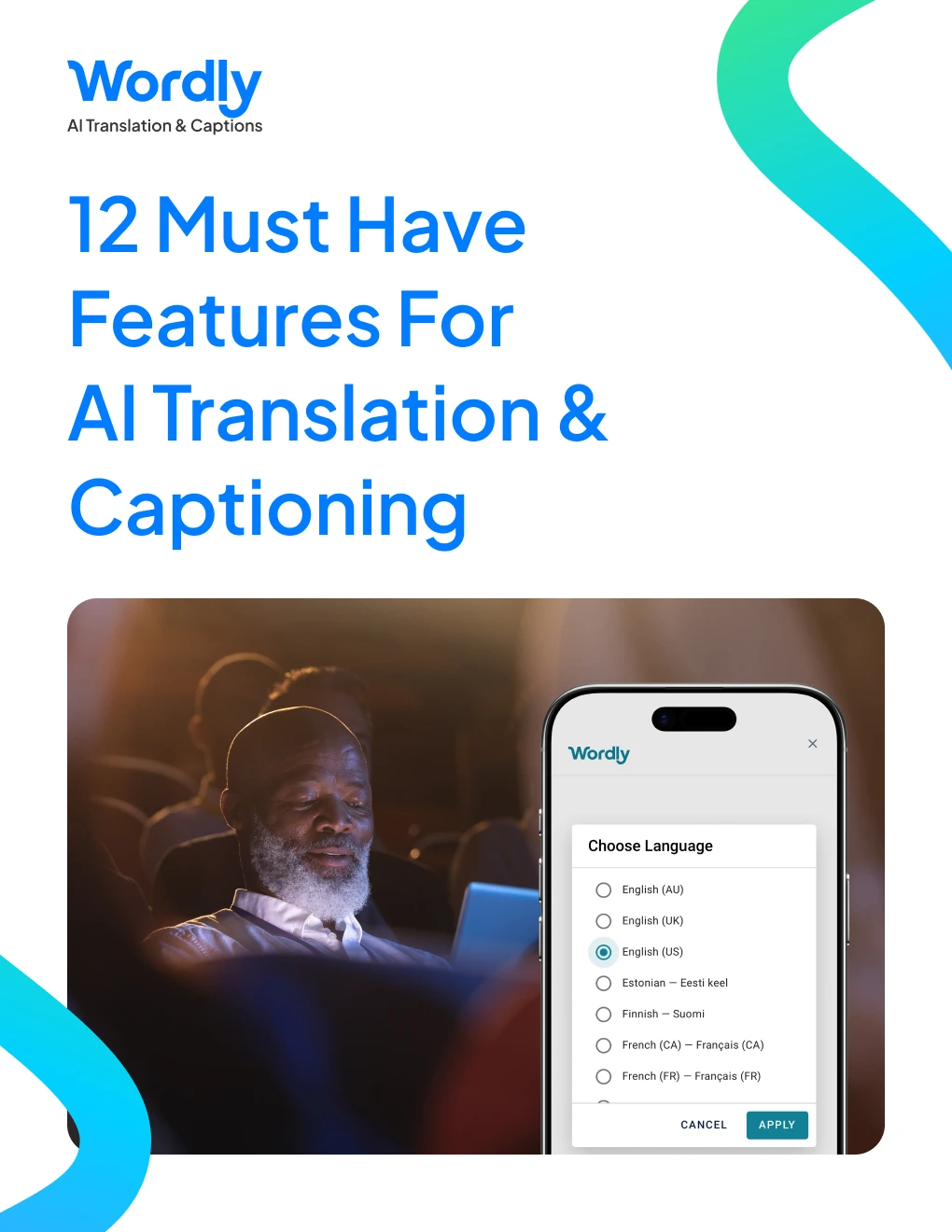 Wordly app UI on a smartphone, showing language selection options for AI translation, held by a person in a conference setting.