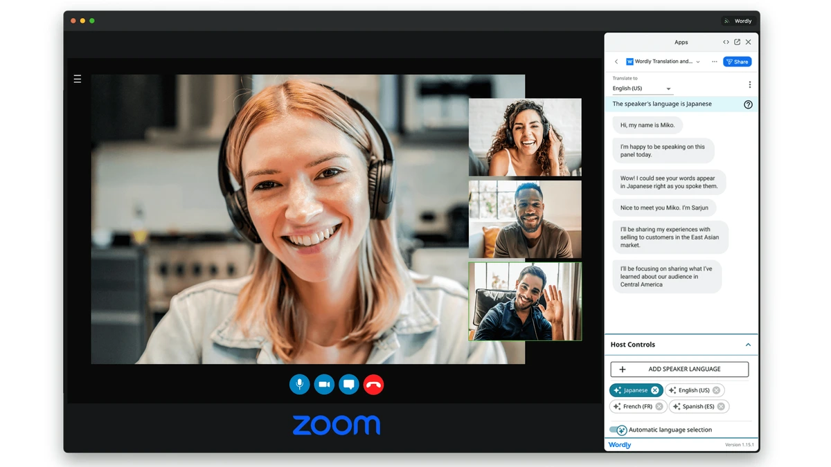 Wordly integration panel showing real-time translation of a Zoom meeting in a dark-mode interface.