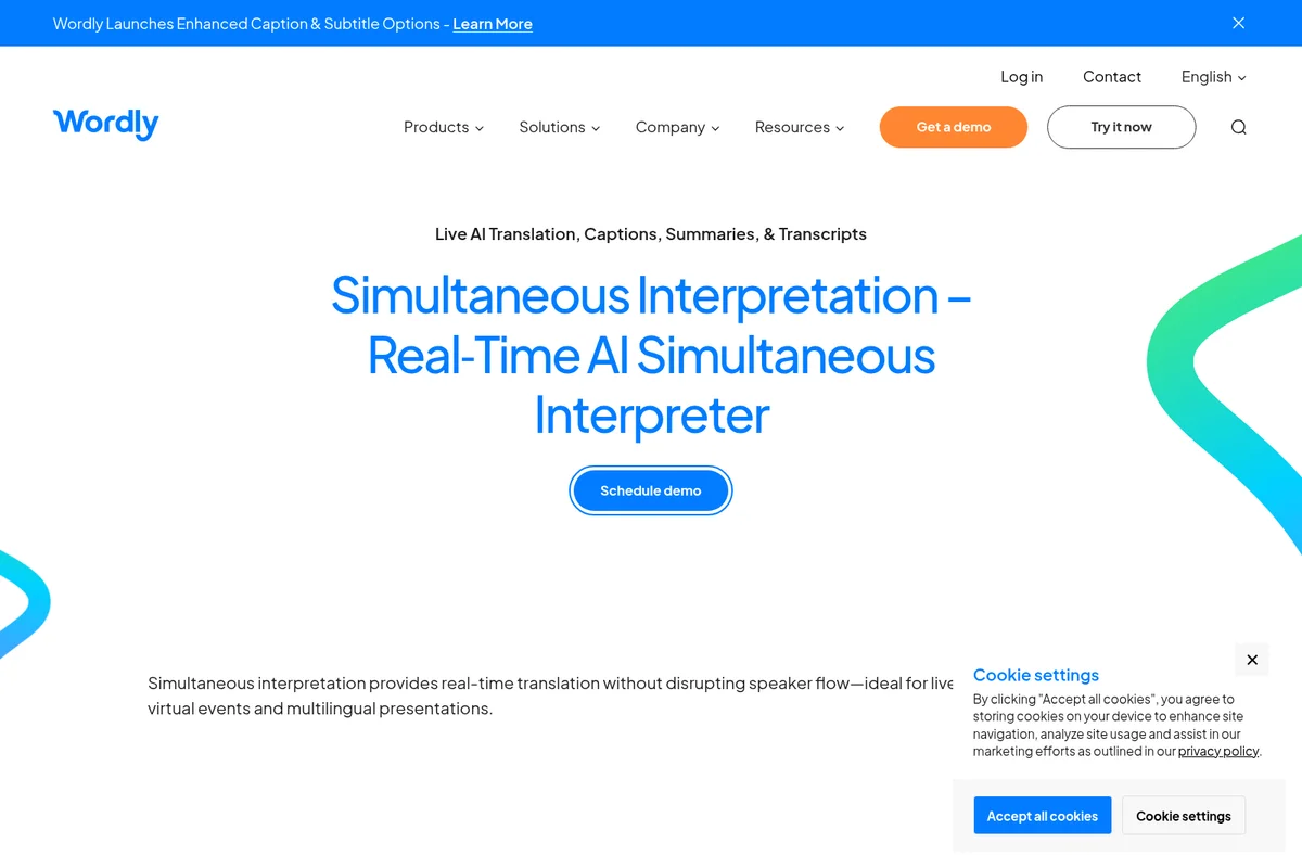 Wordly landing page showcasing its real-time AI simultaneous interpretation service with a clean, modern design.