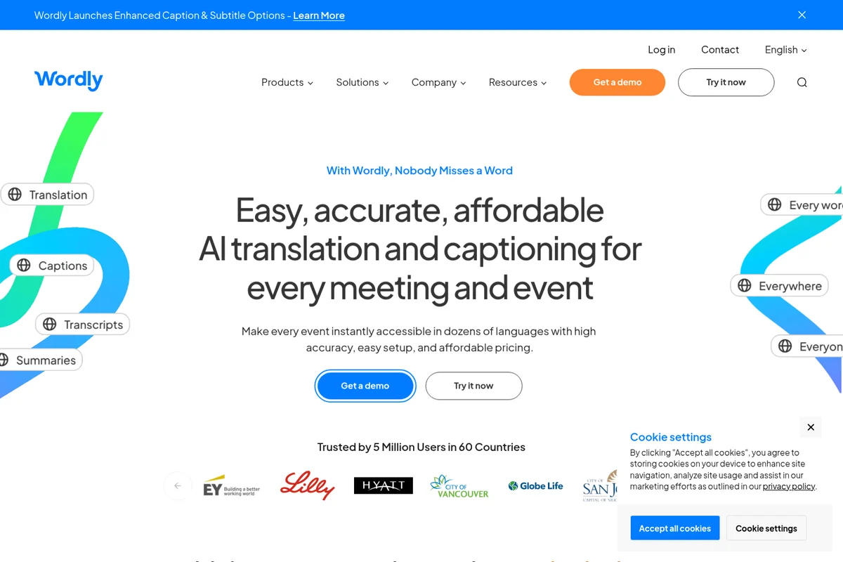 Wordly homepage showcasing AI translation and captioning services with a modern, clean interface