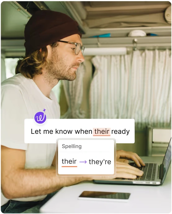Wordtune feature deep-dive showing an AI-powered spelling correction from 'their' to 'they're' with a modern overlay UI.