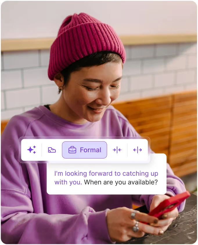 Wordtune AI writing tool showing a user rephrasing text for a formal tone with a transparent overlay.