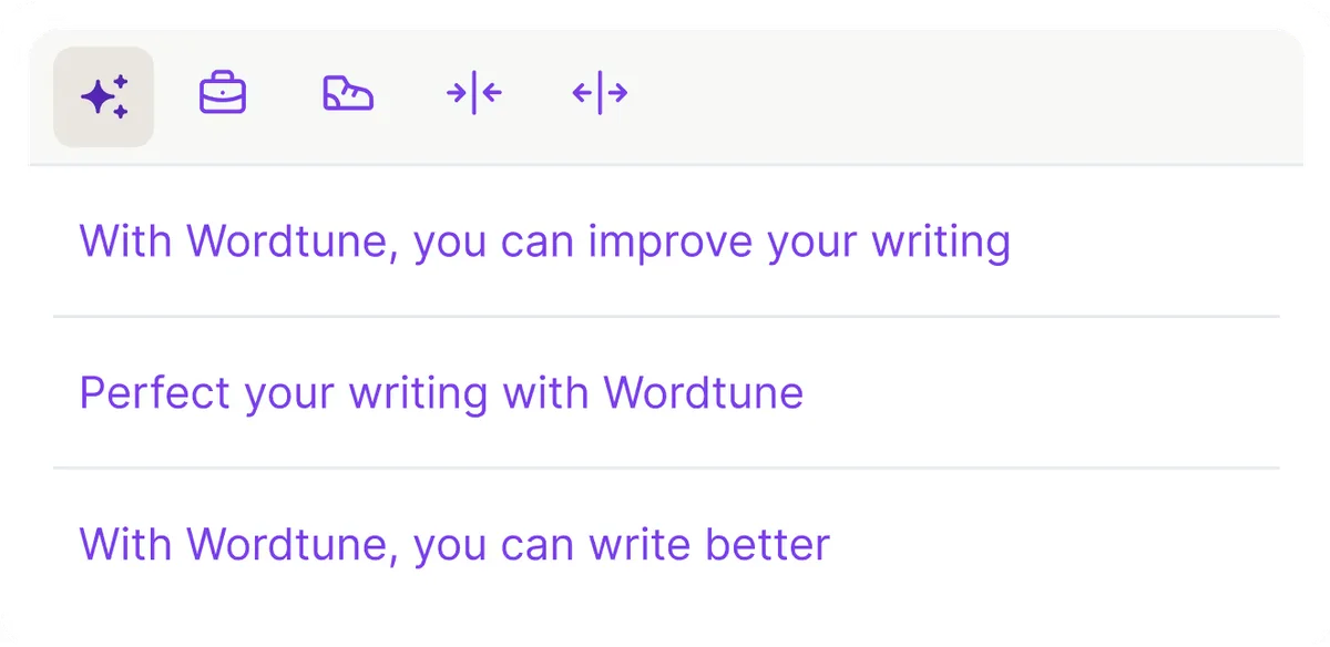 Wordtune workspace UI showing AI-powered writing suggestions with a clean, light-themed interface.
