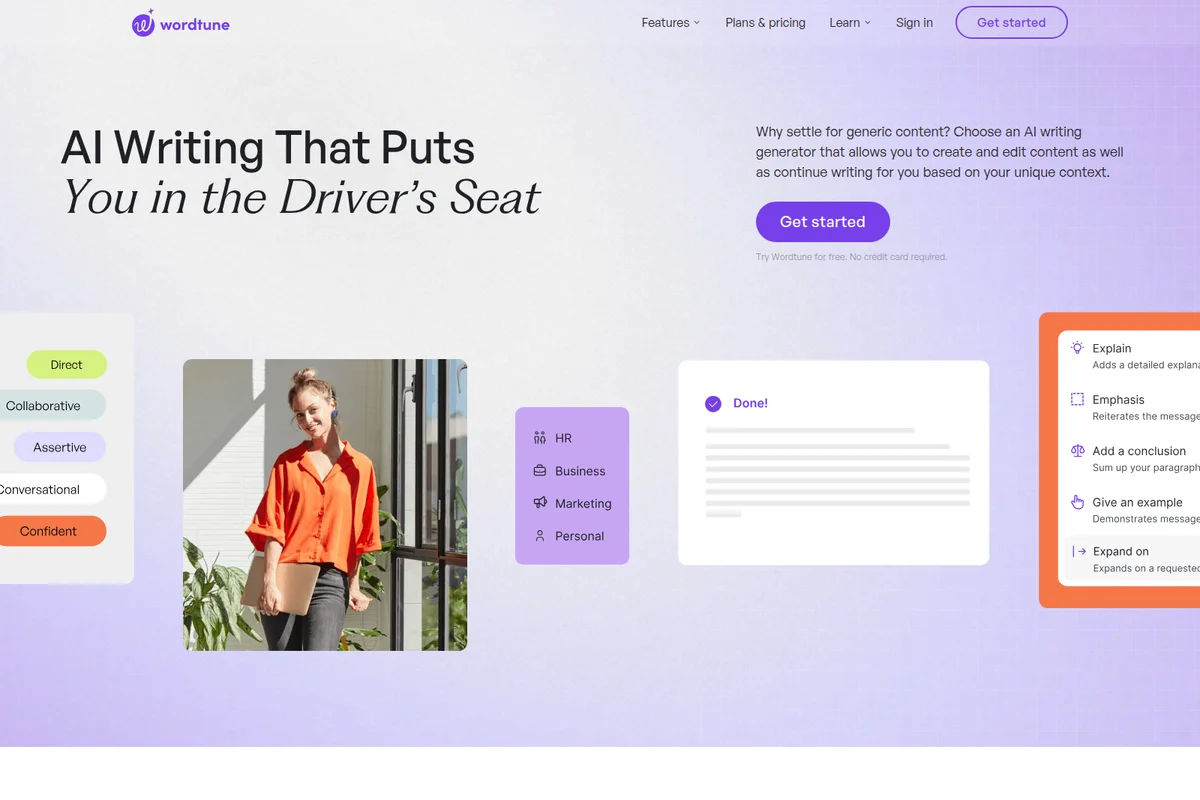 Wordtune AI writing assistant homepage showcasing various writing styles and editing features with a modern, clean interface.