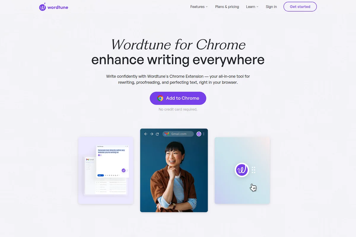 Wordtune landing page featuring its Chrome Extension for writing enhancement, with a clean interface and in-browser usage examples.