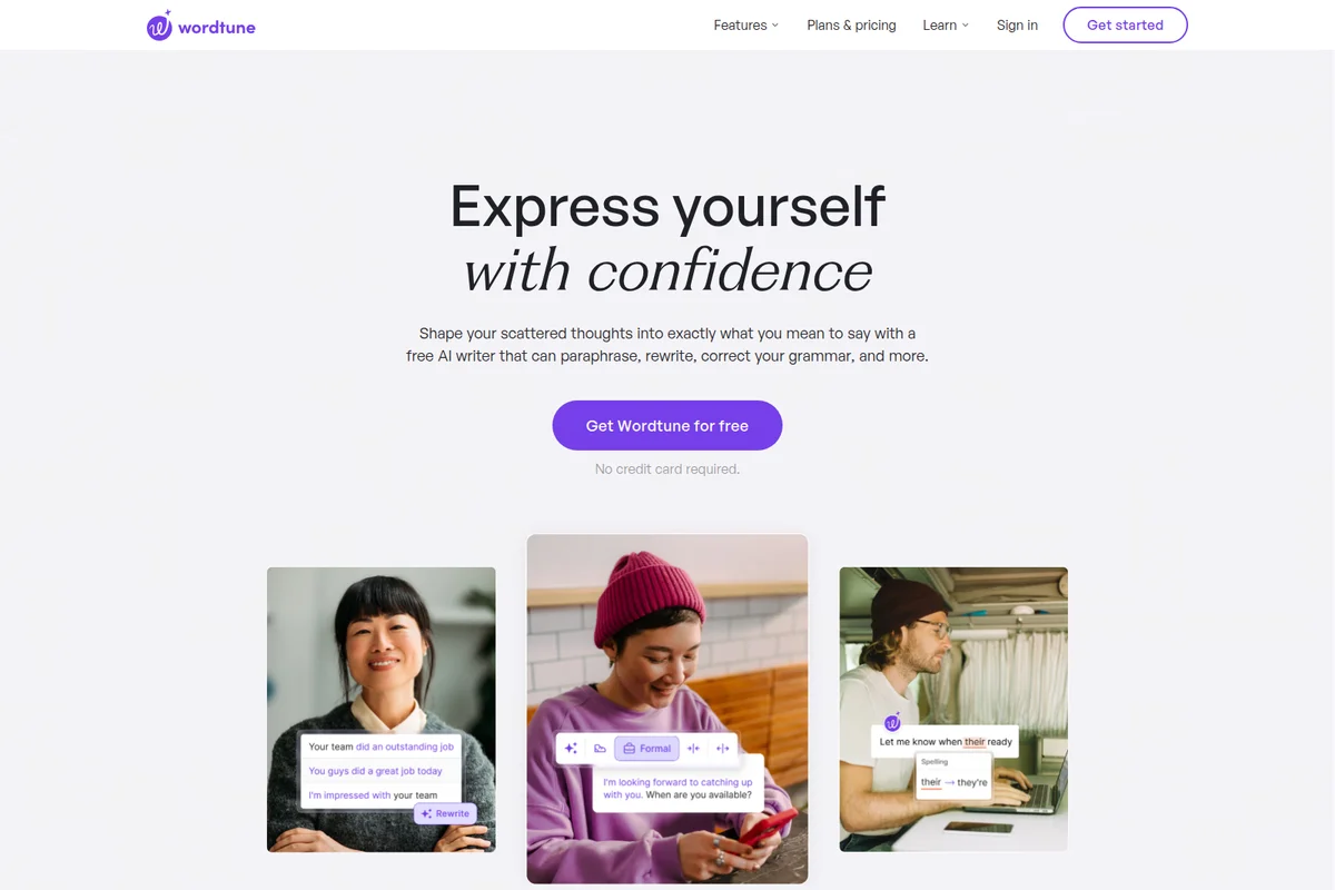 Wordtune homepage showing AI text rewriting, tone adjustment, and spelling correction features with a clean, modern UI.