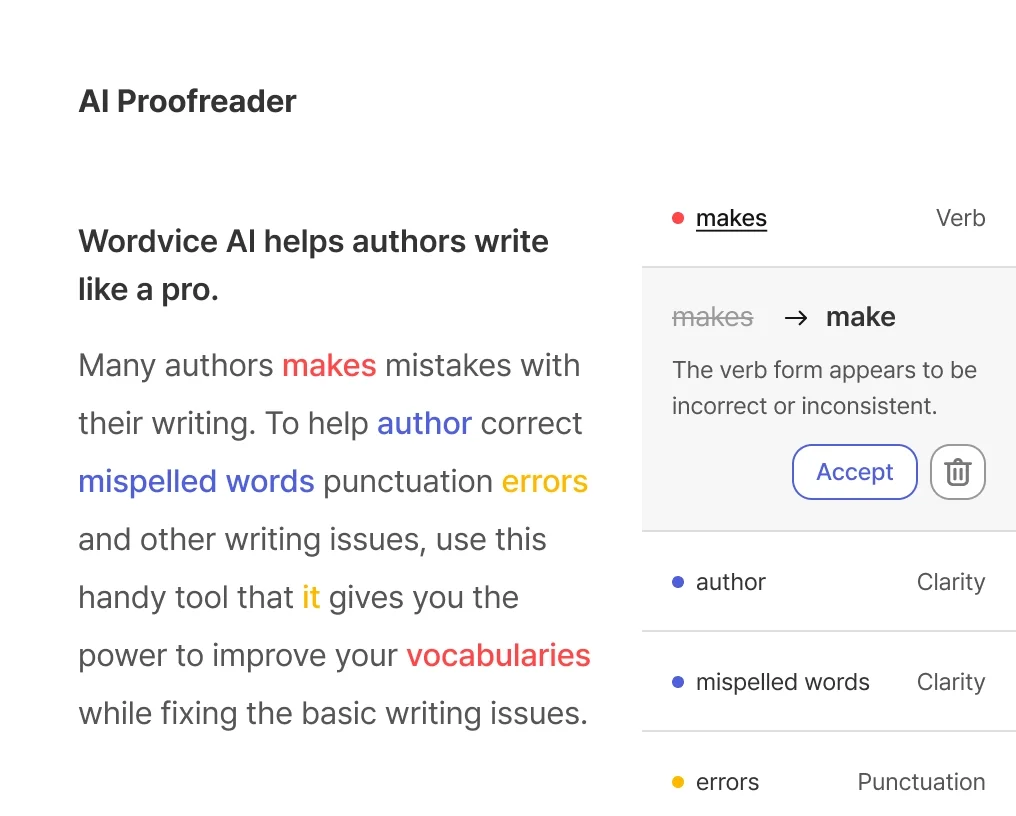 Wordvice AI workspace showing grammar correction suggestions with a clean light-theme interface.