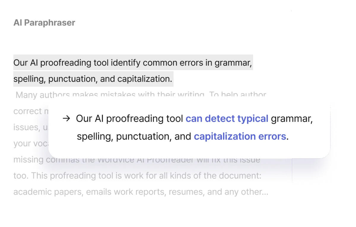 Wordvice AI proofreading tool showing an original sentence and AI-suggested revisions for grammar, spelling, punctuation, and capitalization errors in a pop-up UI.
