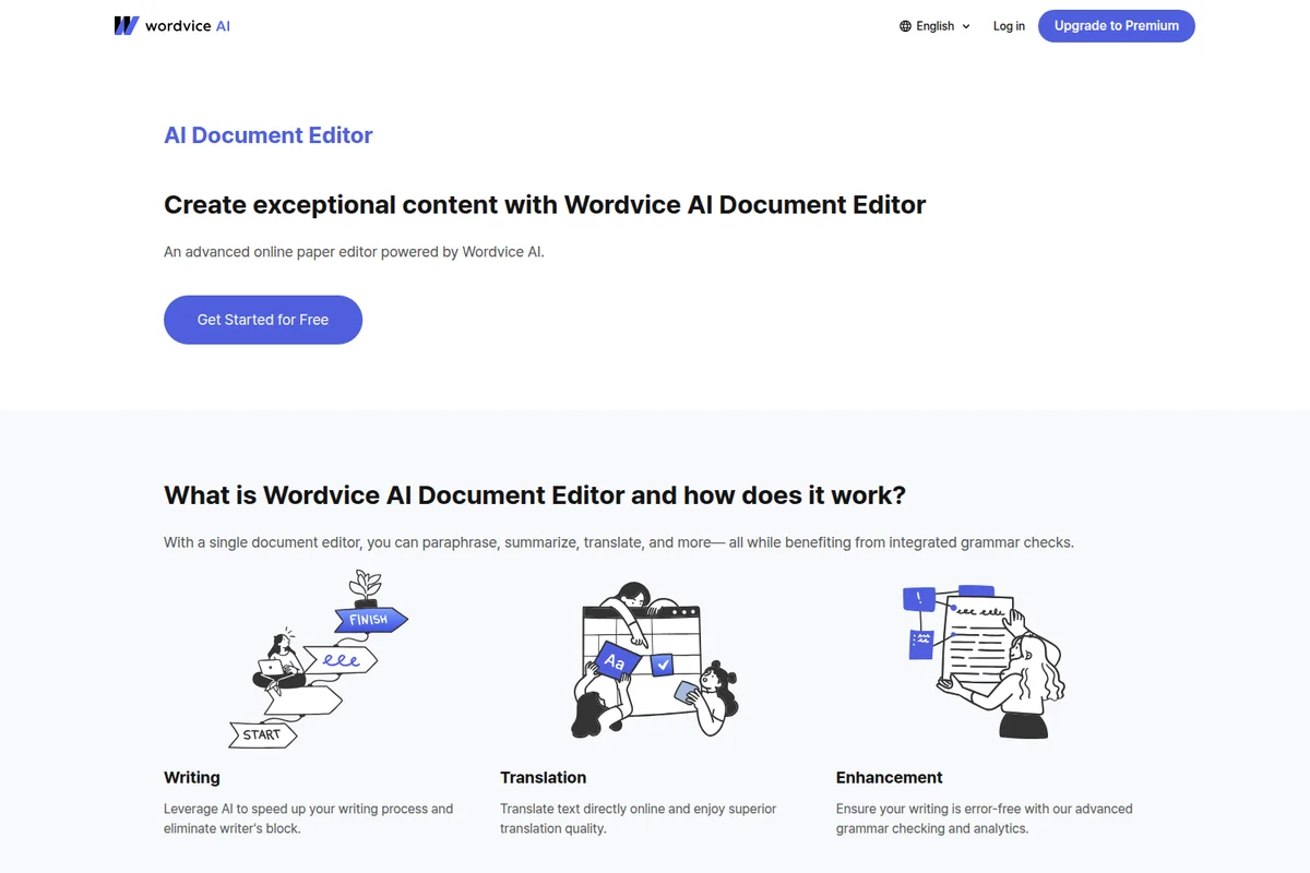 Wordvice AI landing page showcasing the AI Document Editor's capabilities with custom illustrations and a clean, modern design.