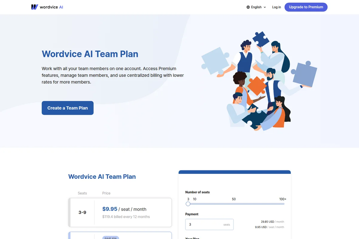 Wordvice AI team plan page showing a diverse team assembling puzzle pieces and a pricing calculator in a clean, modern interface.