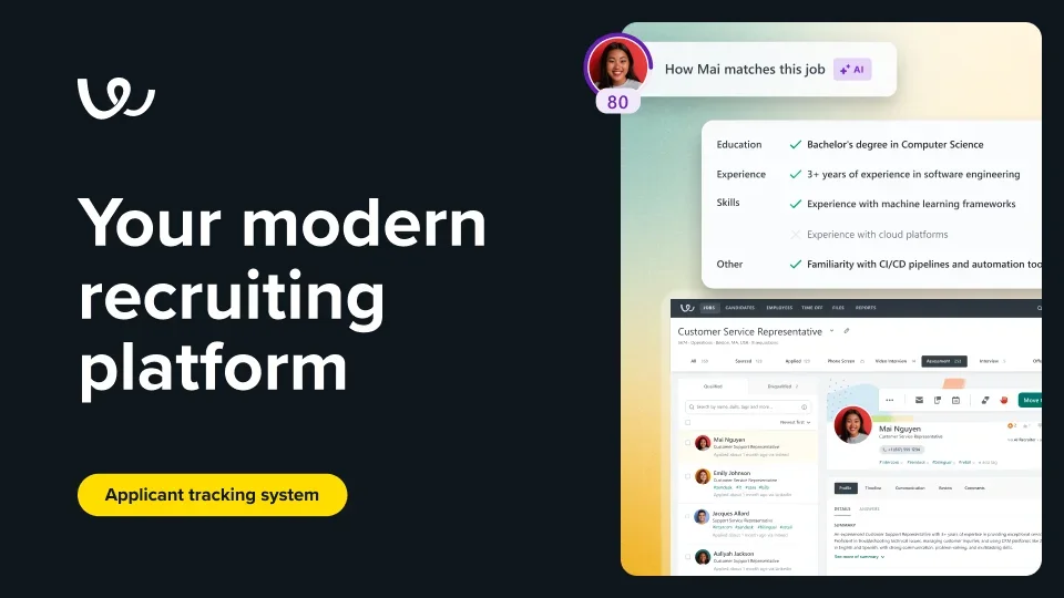 Workable recruiting platform showing AI candidate matching scores and applicant tracking in a modern dark and light interface.