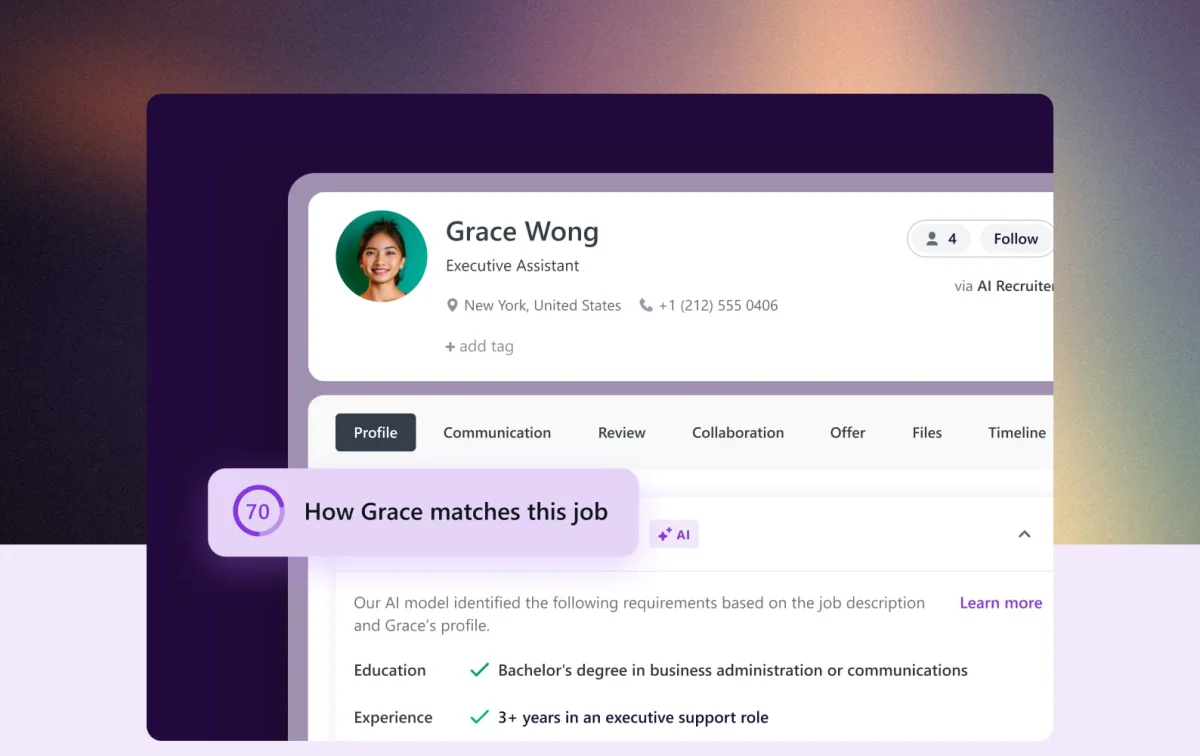 Workable recruitment software: Grace Wong's candidate profile, showing a 70% AI job match and fulfilled requirements.