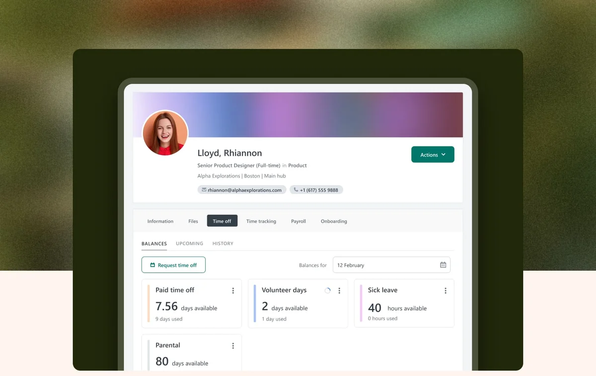 Workable employee profile showing time off balances for paid, volunteer, sick, and parental leave in a clean, professional interface.