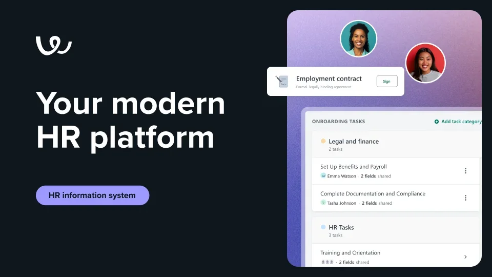 Workable HR platform showing employee onboarding tasks and contract signing with a modern dark and light interface.