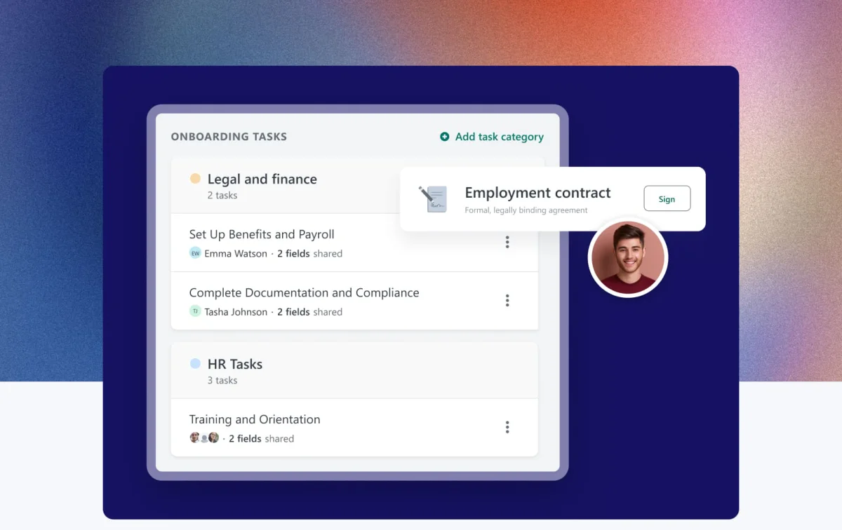 Workable onboarding tasks UI showing an employment contract document ready for signing in a clean, modern interface.