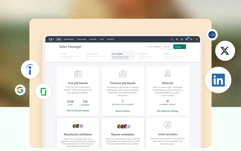 Workable job management dashboard displaying active job boards, candidate referrals, and integrations with platforms like Google and LinkedIn.