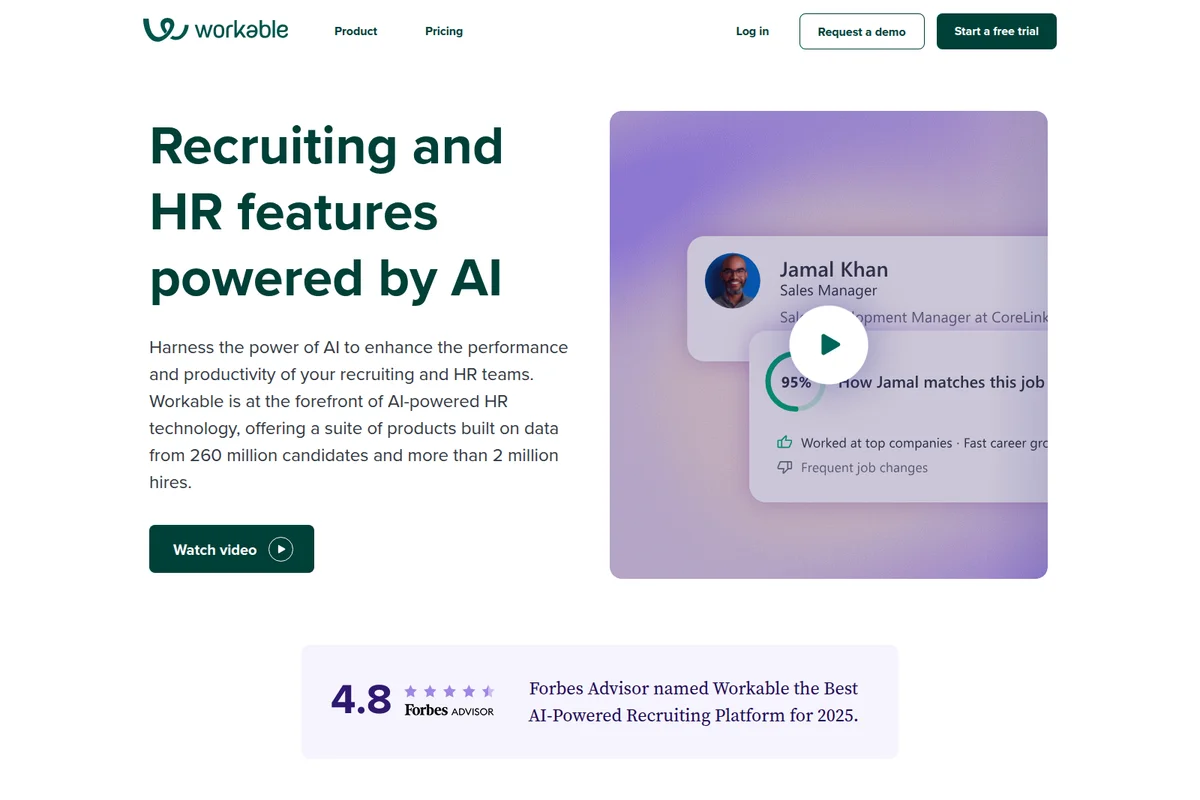 Workable AI recruiting platform showcasing AI-powered candidate matching features with a simulated video demonstration.