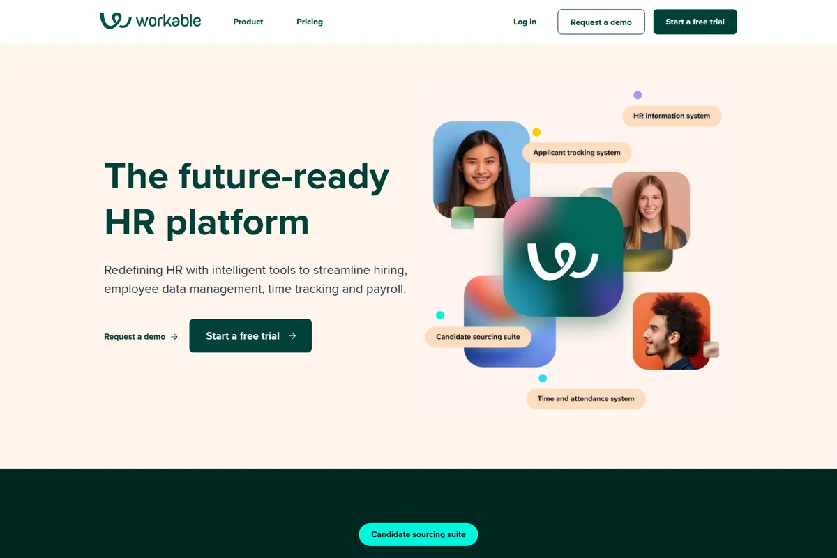 Workable homepage hero showcasing core HR platform features with diverse employee photos and a modern, graphically rich design.