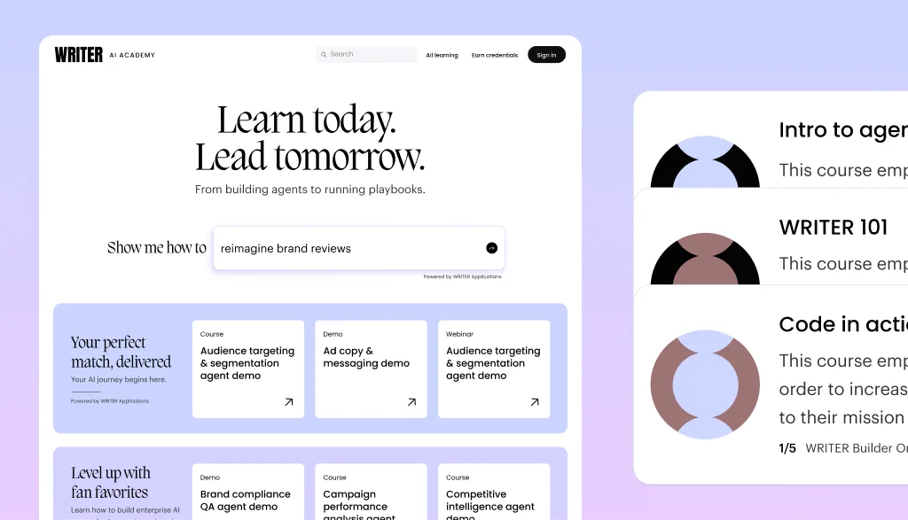 Writer AI Academy dashboard showing course and demo listings with a clean, modern interface.
