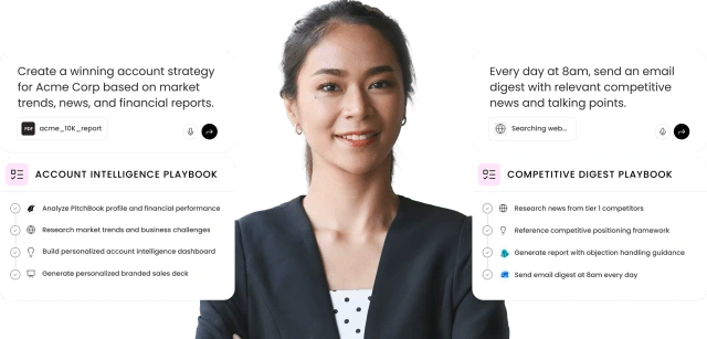 AI assistant showing Account Intelligence and Competitive Digest Playbooks with a clean, modern UI.