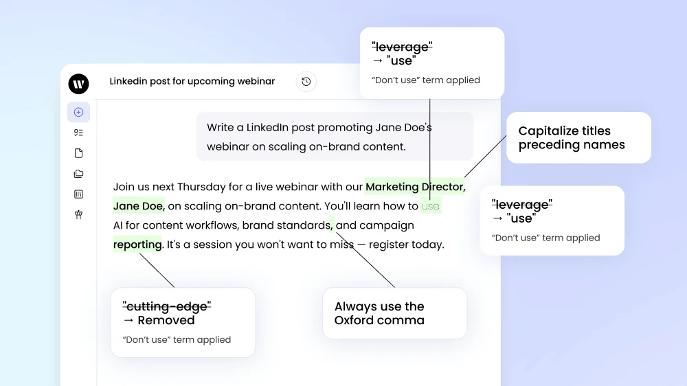 Writer AI content editor showing AI-powered style guide and grammar suggestions in a clean, light-themed interface.