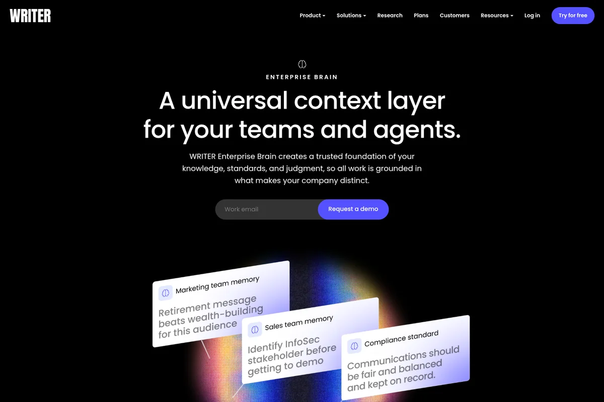 Writer Enterprise Brain landing page hero illustrating a universal context layer with example memory cards in a modern dark-mode interface.