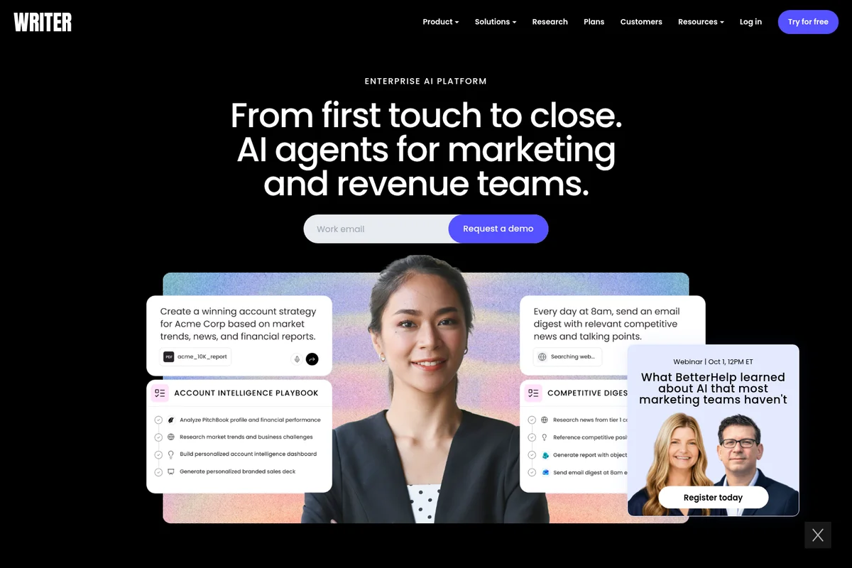Writer homepage showcasing AI agents for marketing and revenue teams with interactive feature cards on a dark-mode interface.