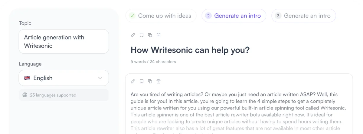 Writesonic content editor showing the article generation workflow with topic input, language selection, and AI-generated intro text.