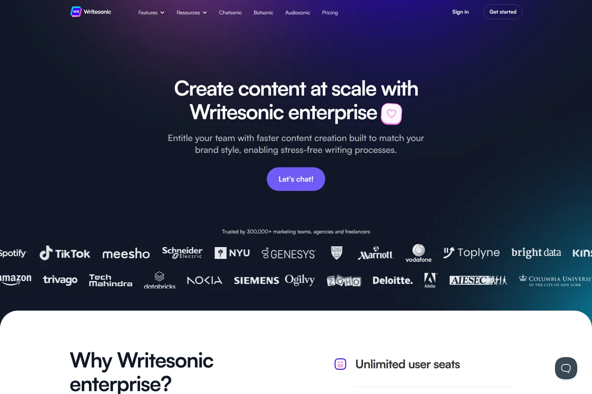 Writesonic enterprise landing page showcasing its content creation value proposition and extensive customer trust with a dark modern design.