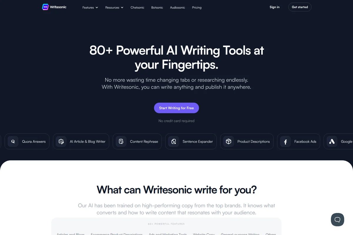 Writesonic features page showcasing 80+ AI writing tools like Quora Answers and Article Writer with a dark theme interface.