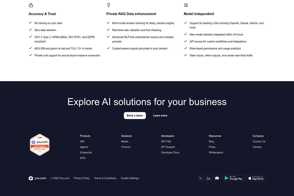 You.com features page showcasing AI capabilities for accuracy, RAG, and model independence with a clean, modern design and dark-themed footer.