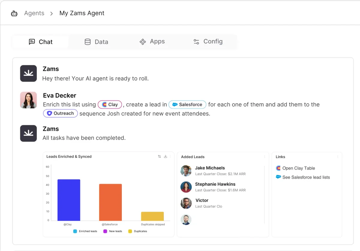Zams AI agent workspace showing lead enrichment, Salesforce integration, and Outreach sequence automation through a chat UI.