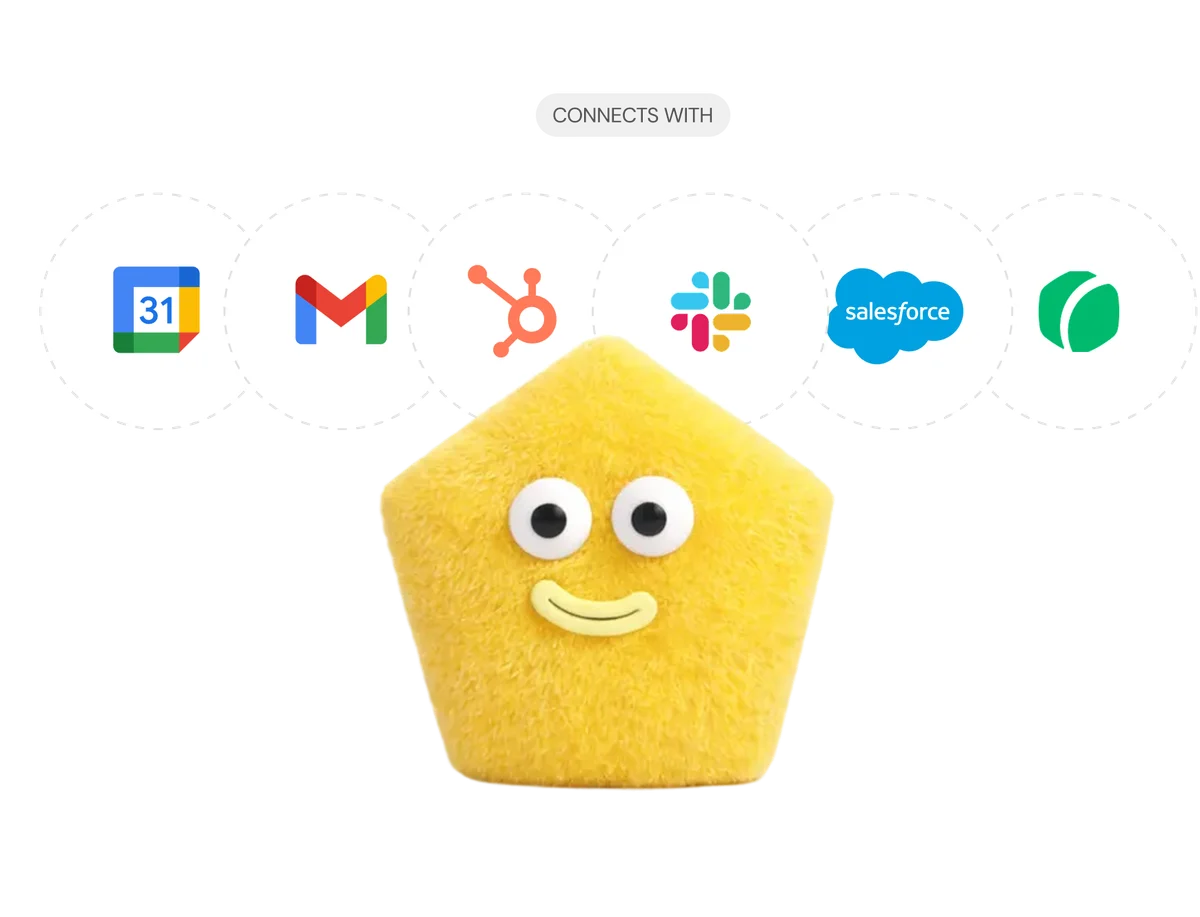 zams integration panel showing a cute yellow mascot connecting with Google Calendar, Gmail, HubSpot, Slack, and Salesforce.