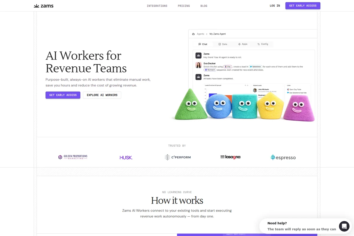 Zams AI agent workspace displaying task automation with Clay and Salesforce integrations, featuring a clean chat UI and colorful 3D mascots.