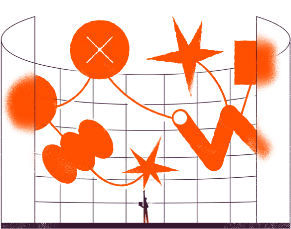 Zapier landing-hero showing abstract interconnected shapes and automation flows within a grid, in a dark, graphic style.