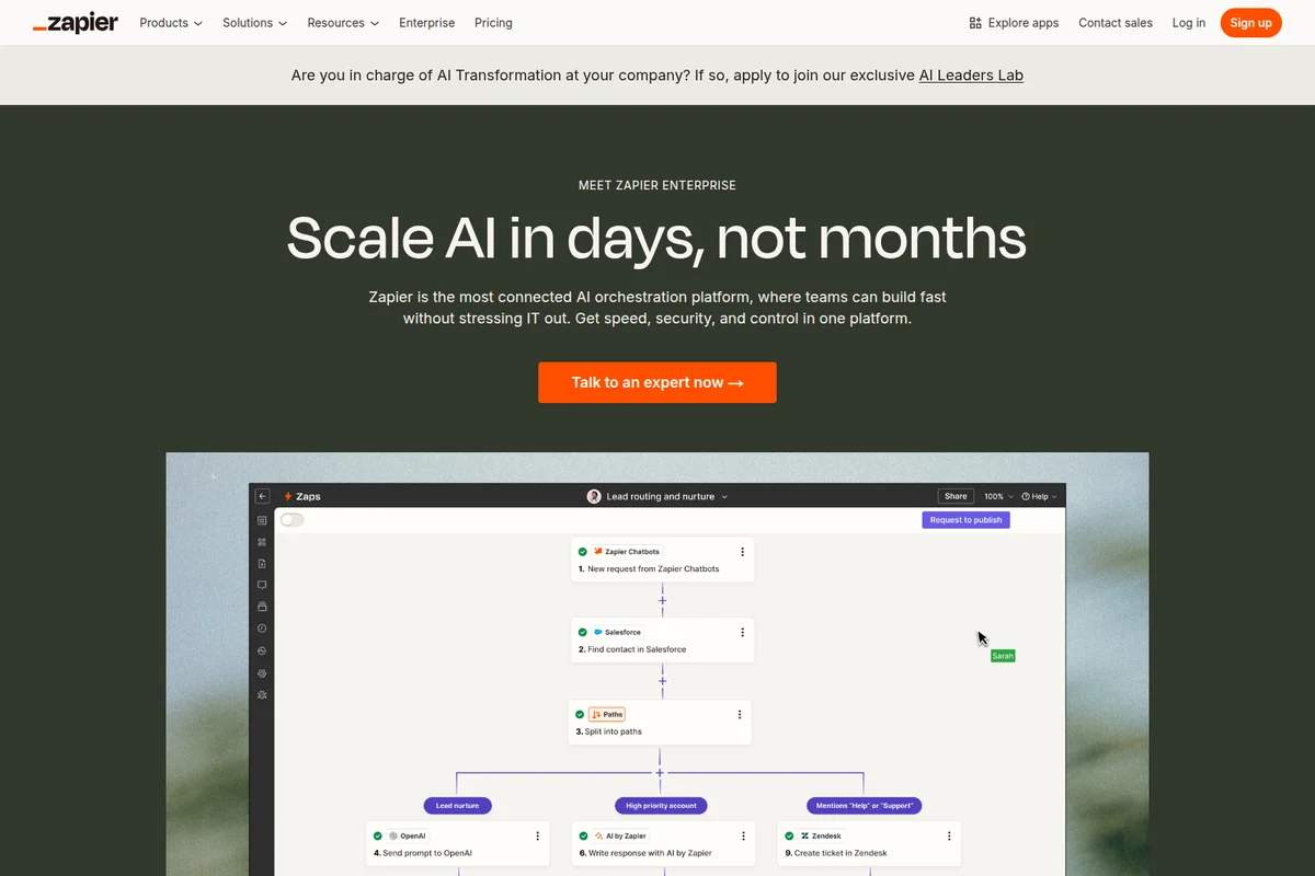 Zapier workflow builder showing AI integration for lead routing, connecting Chatbots, Salesforce, OpenAI, and Zendesk.