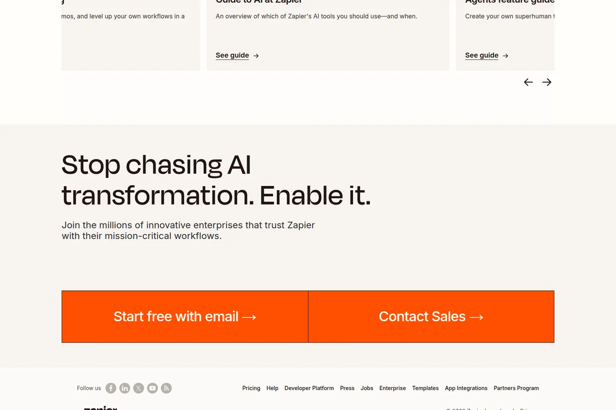 Zapier AI landing page featuring a bold headline 'Stop chasing AI transformation. Enable it.' with clear call-to-action buttons in a clean, modern interface.