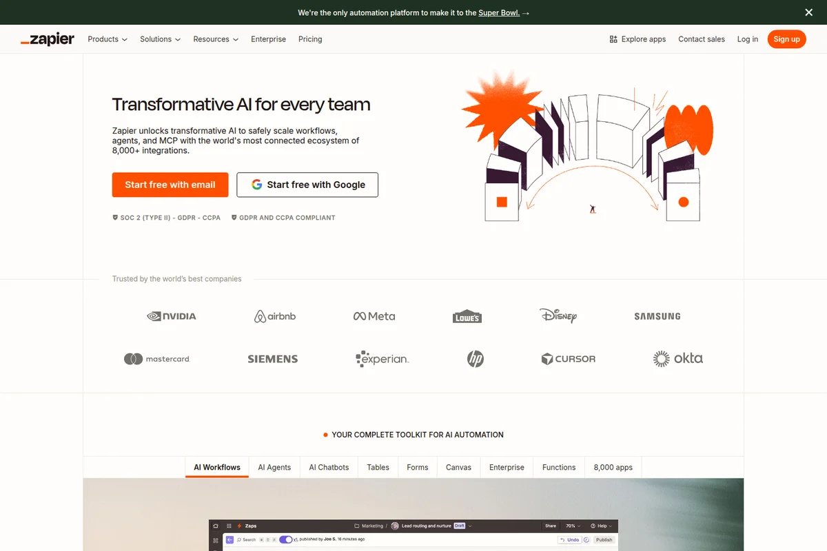 Zapier homepage hero section showcasing transformative AI with an abstract graphic of connected blocks and calls-to-action