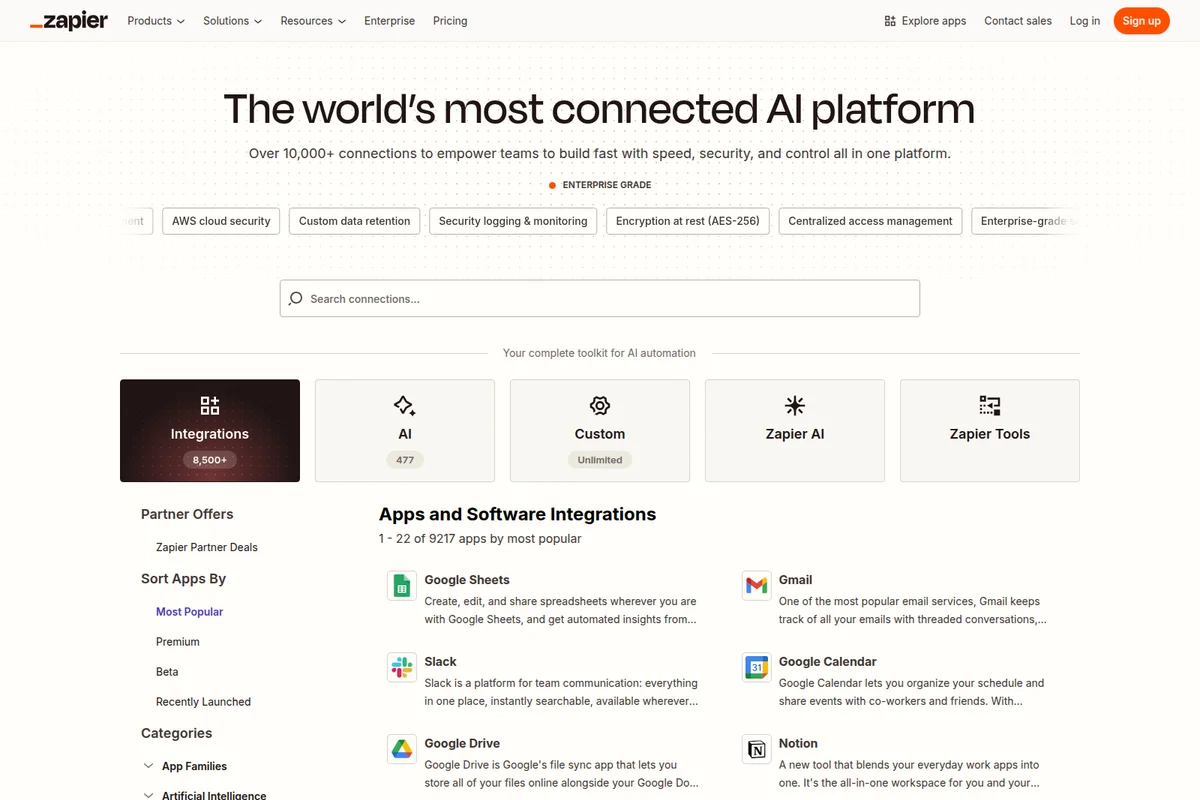 Zapier integrations page showcasing 'The world's most connected AI platform' and a directory of apps.
