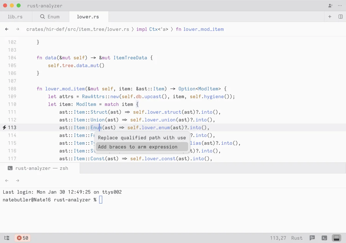 Zed code editor workspace showing a context menu with refactoring suggestions for Rust code in a dark-mode interface.