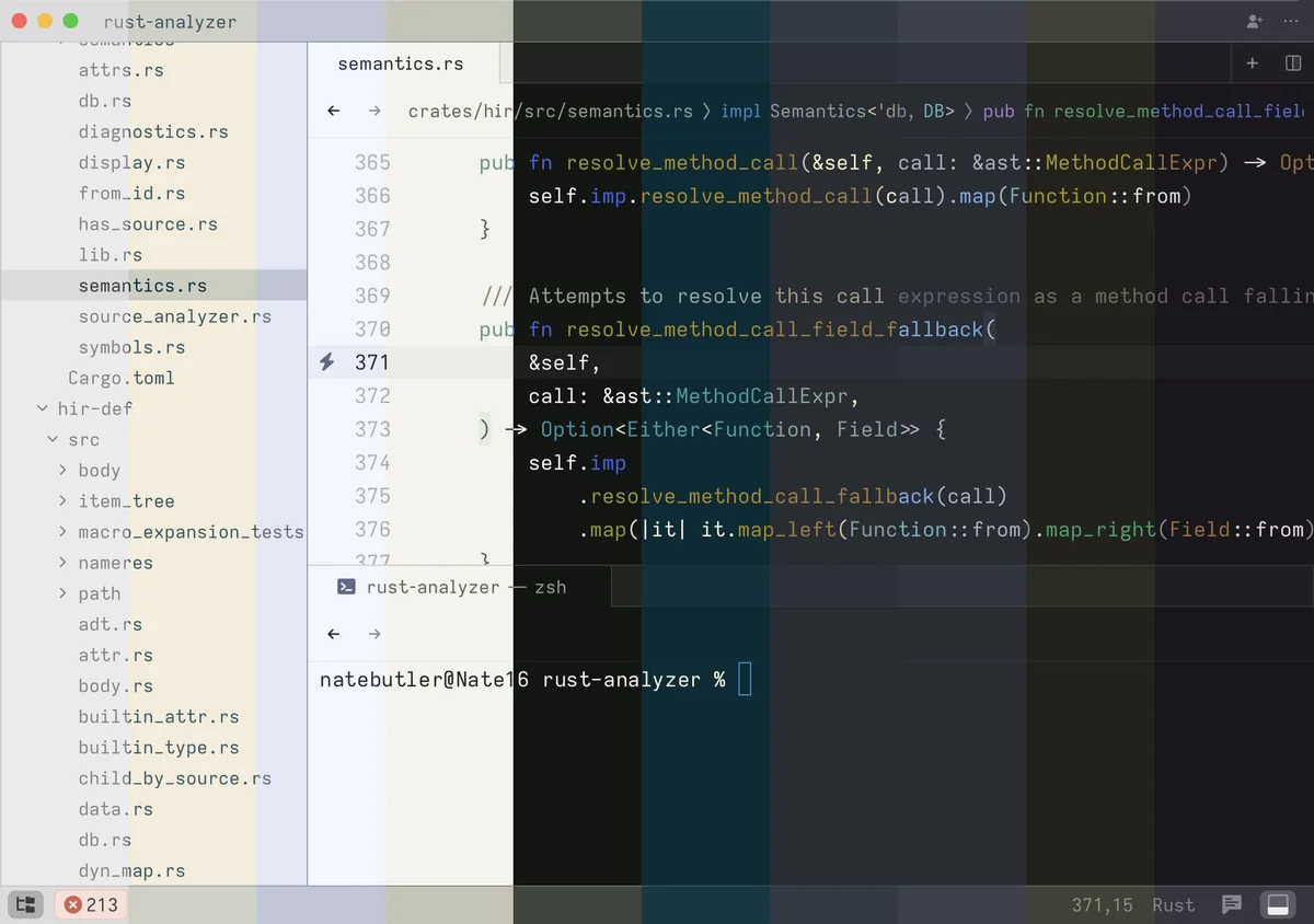 Zed code editor workspace showing Rust project files and code with an integrated Zsh terminal.