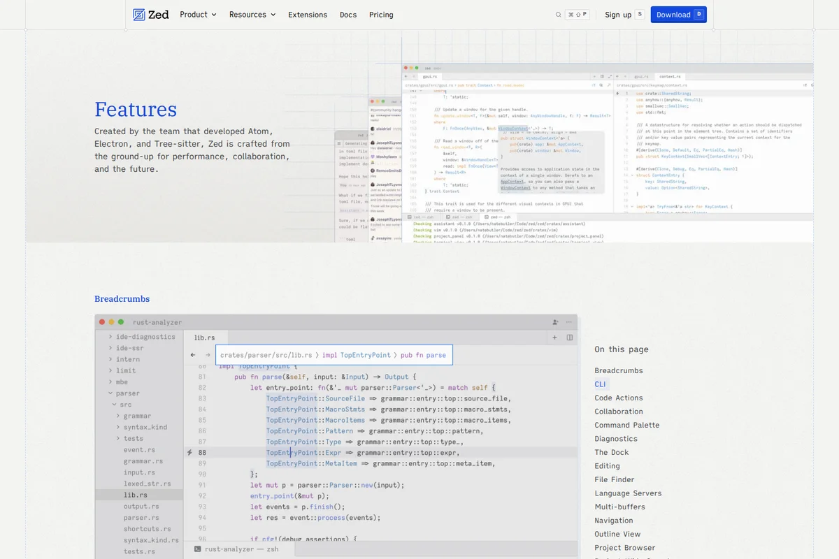 Zed code editor workspace showing file tree, breadcrumbs, and Rust code in a dark theme development environment.