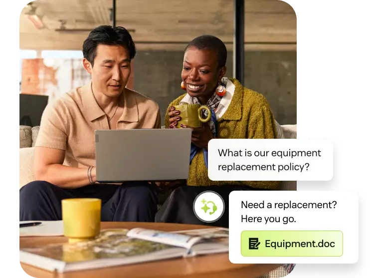 Zendesk conversational AI assistant interface showing a user asking about equipment replacement policy and receiving a document with a clean, modern design.
