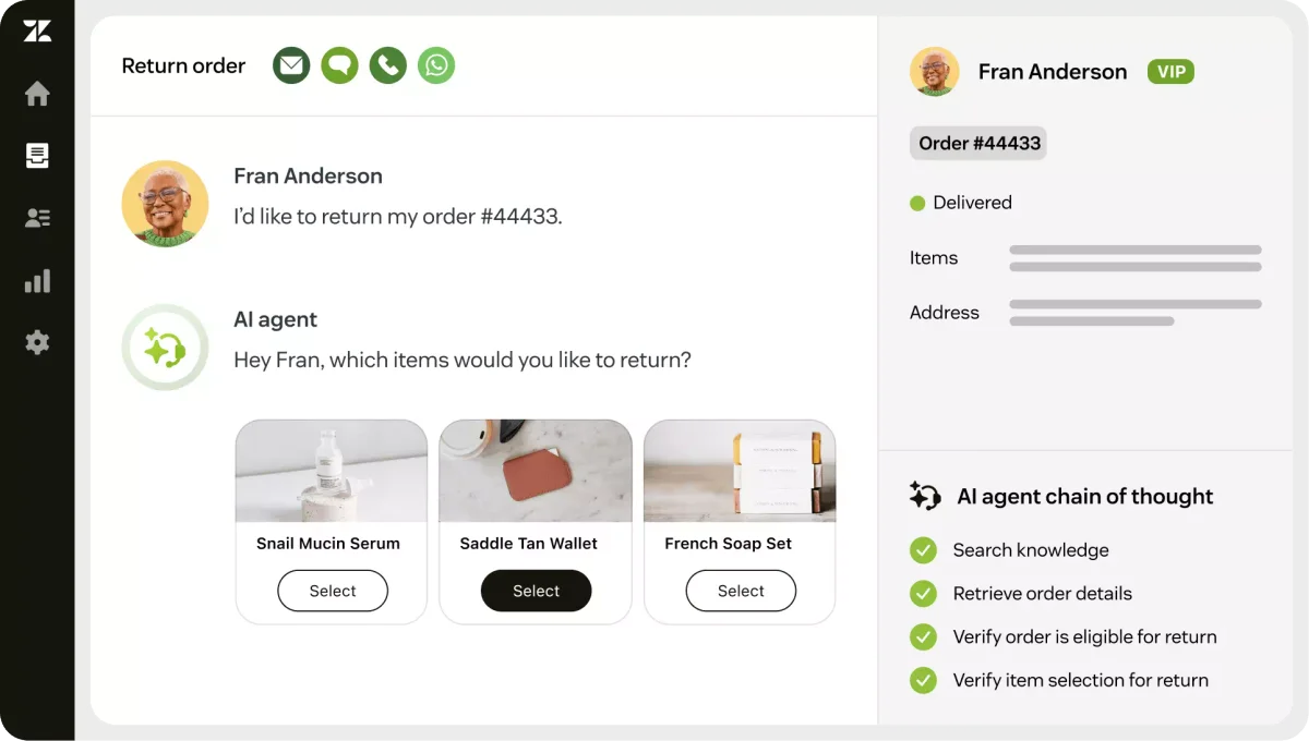 Zendesk workspace showing an AI agent assisting a customer with a return order, displaying selectable items and AI logic.