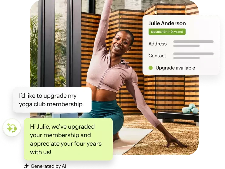 Zendesk customer service interface demonstrating a yoga club membership upgrade and customer loyalty recognition.